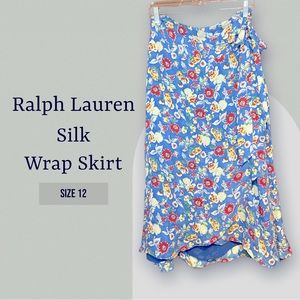 Blue Floral Ralph Lauren Silk Wrap Skirt